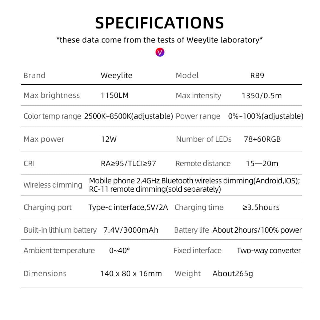 Viltrox Weeylite RB9 RGBW LED Light 便攜相機攝影燈 Viltrox
